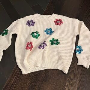 Cream chunky knit sweater crew neck with Sequin floral embellishements